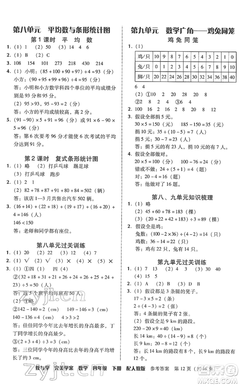 安徽人民出版社2022完美學(xué)案教與學(xué)四年級數(shù)學(xué)下冊人教版答案