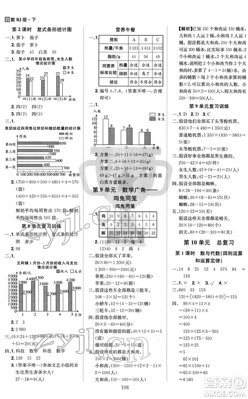 江西美術(shù)出版社2022龍門之星四年級數(shù)學(xué)下冊RJ人教版答案