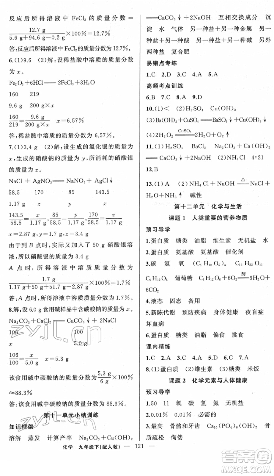 新疆青少年出版社2022黃岡金牌之路練闖考九年級化學(xué)下冊人教版答案