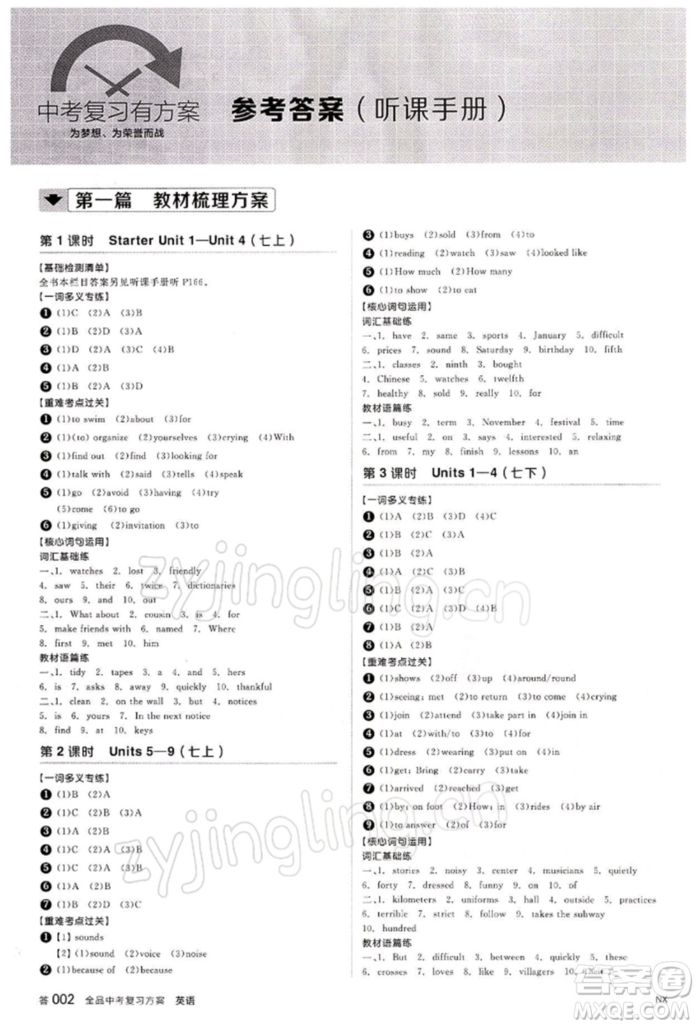 江西美術出版社2022全品中考復習方案聽課手冊英語人教版寧夏專版參考答案