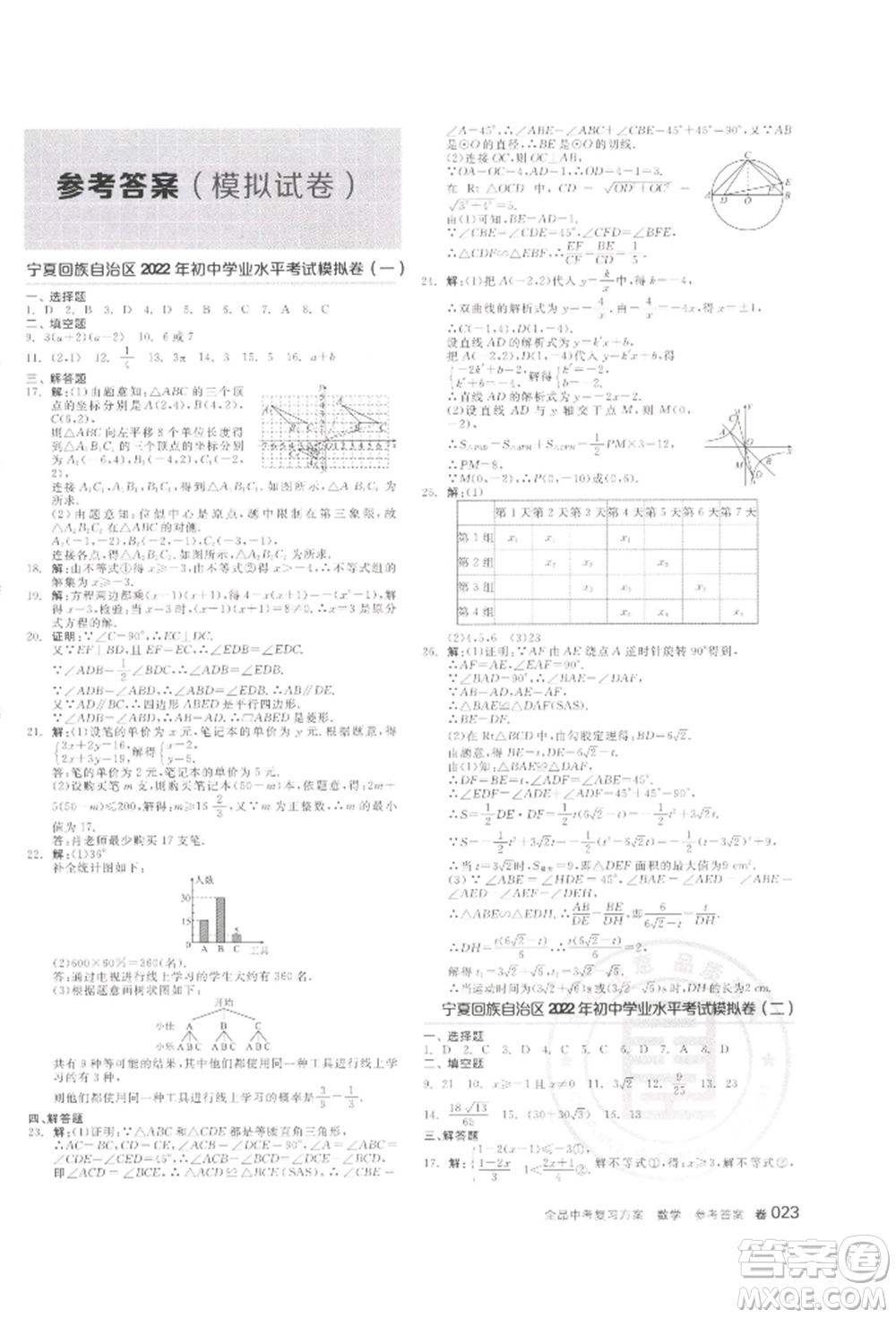 江西美術(shù)出版社2022全品中考復(fù)習(xí)方案聽課手冊數(shù)學(xué)通用版寧夏專版參考答案