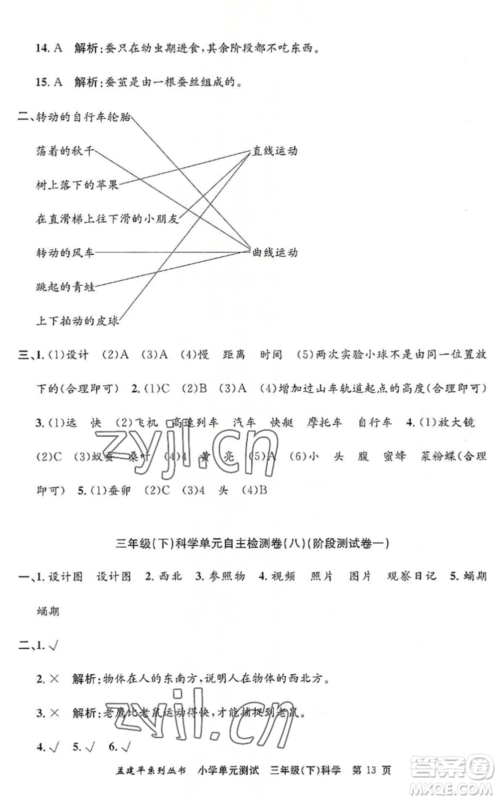 浙江工商大學(xué)出版社2022孟建平小學(xué)單元測(cè)試三年級(jí)科學(xué)下冊(cè)J教科版答案