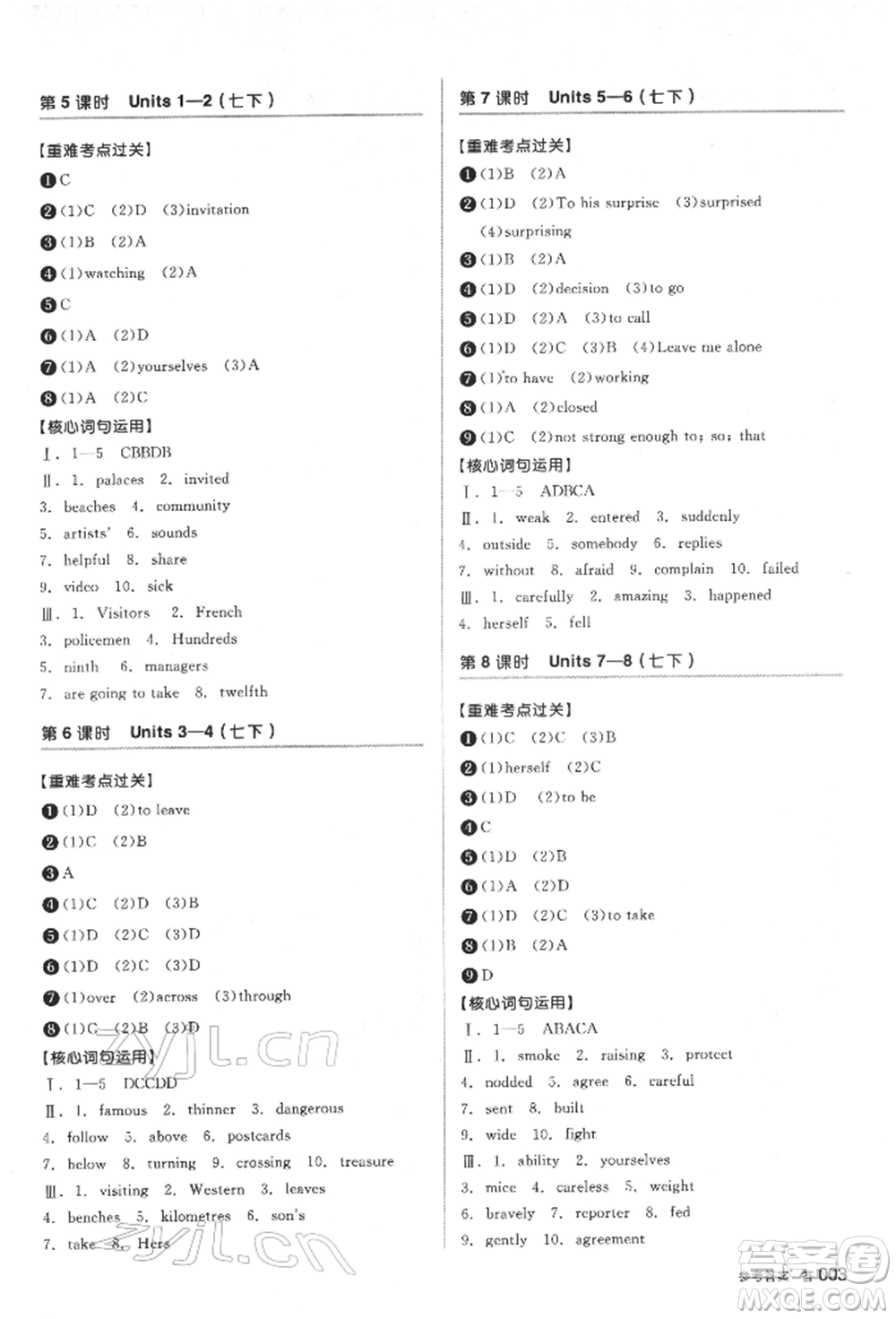 陽光出版社2022全品中考復(fù)習(xí)方案聽課手冊英語通用版鹽城專版參考答案