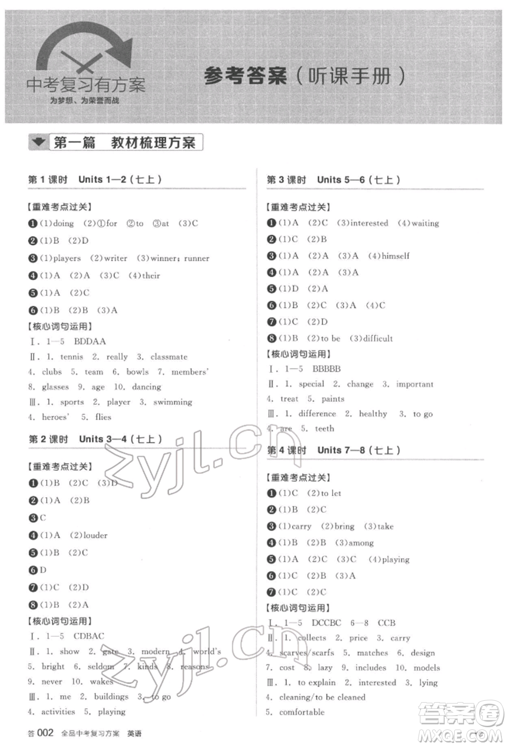 陽光出版社2022全品中考復(fù)習(xí)方案聽課手冊英語通用版鹽城專版參考答案