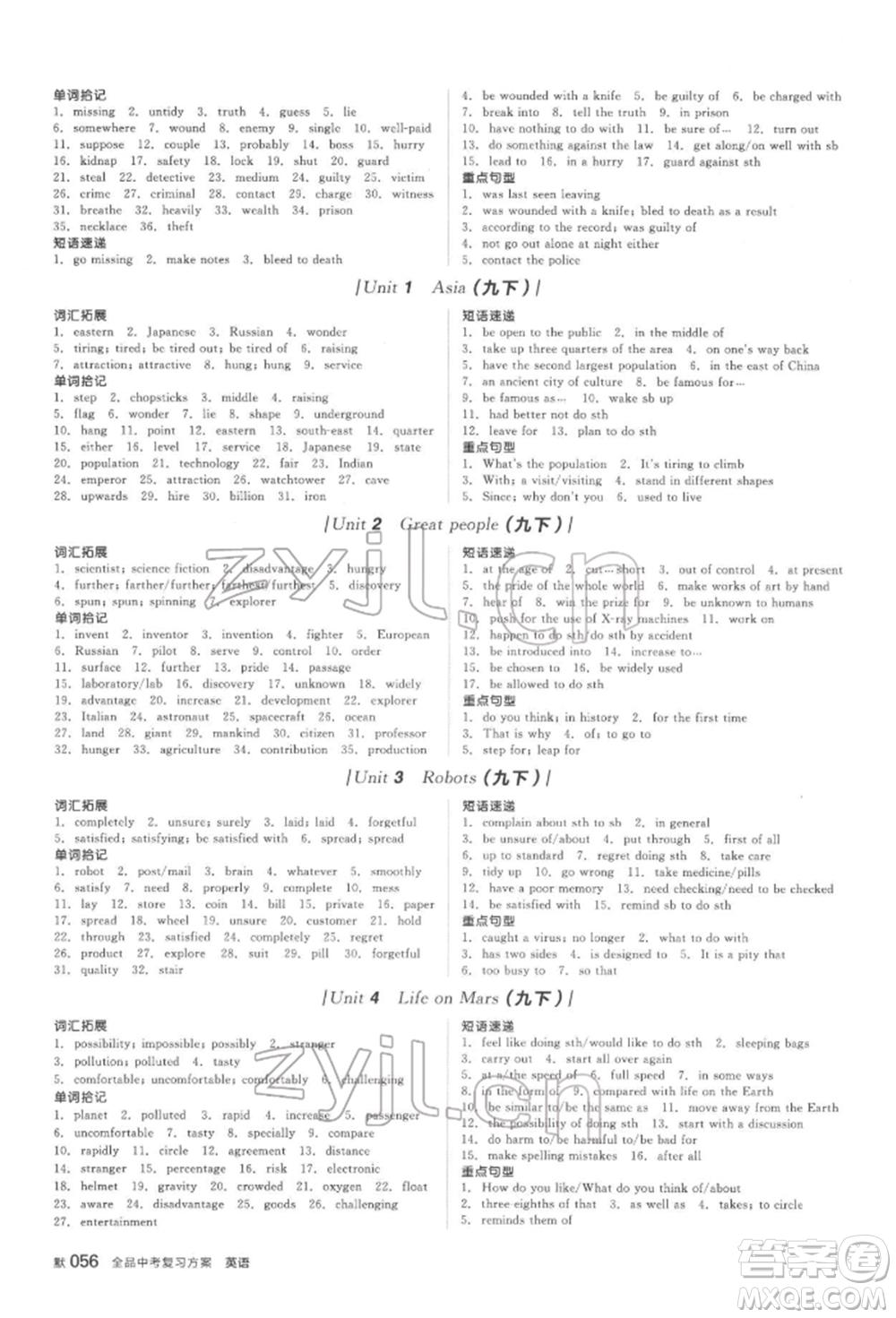 陽光出版社2022全品中考復(fù)習(xí)方案聽課手冊英語通用版鹽城專版參考答案