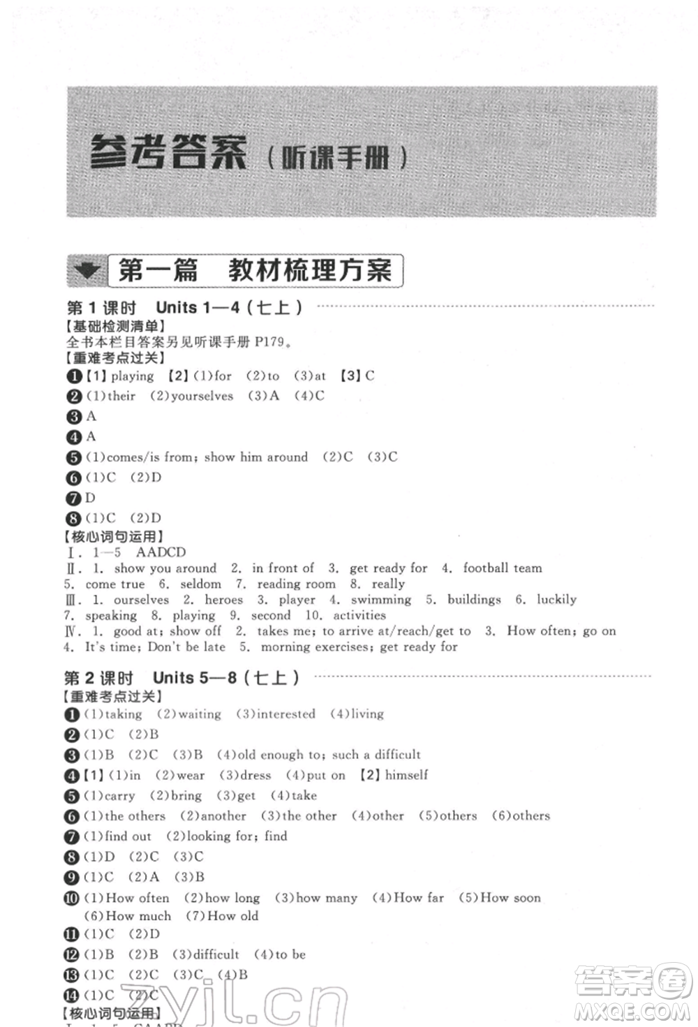 陽(yáng)光出版社2022全品中考復(fù)習(xí)方案聽(tīng)課手冊(cè)英語(yǔ)通用版淮安專版參考答案