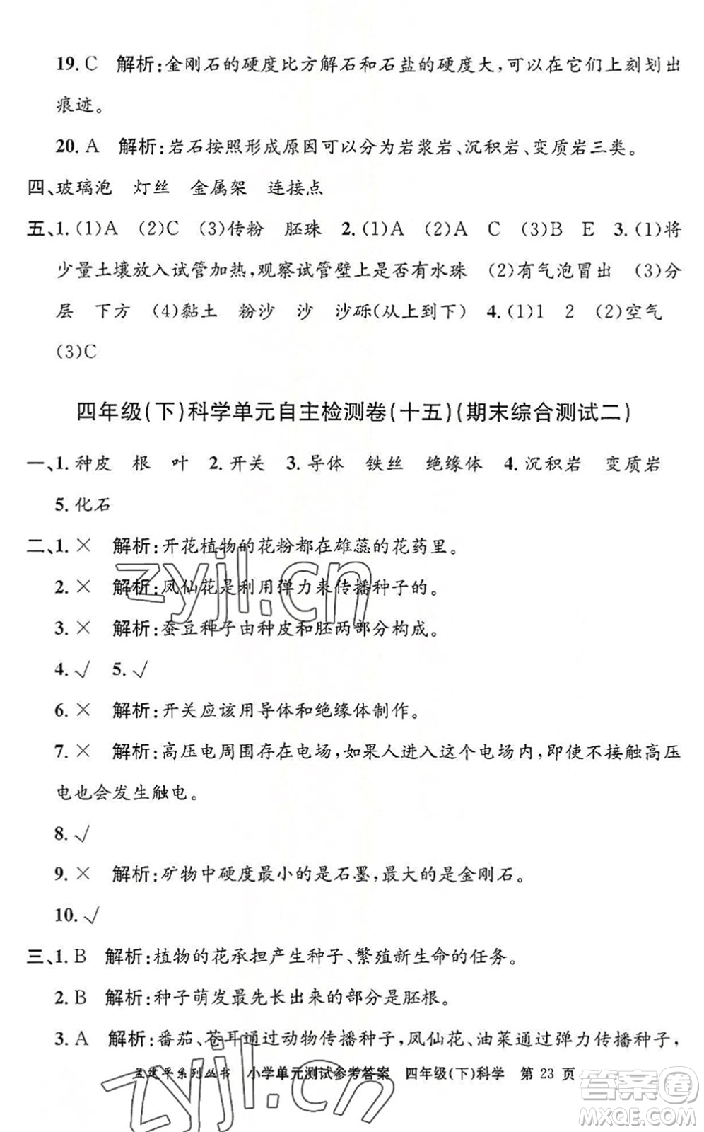 浙江工商大學(xué)出版社2022孟建平小學(xué)單元測試四年級科學(xué)下冊J教科版答案