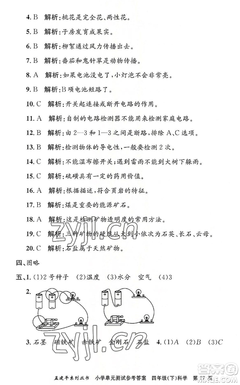 浙江工商大學(xué)出版社2022孟建平小學(xué)單元測試四年級科學(xué)下冊J教科版答案