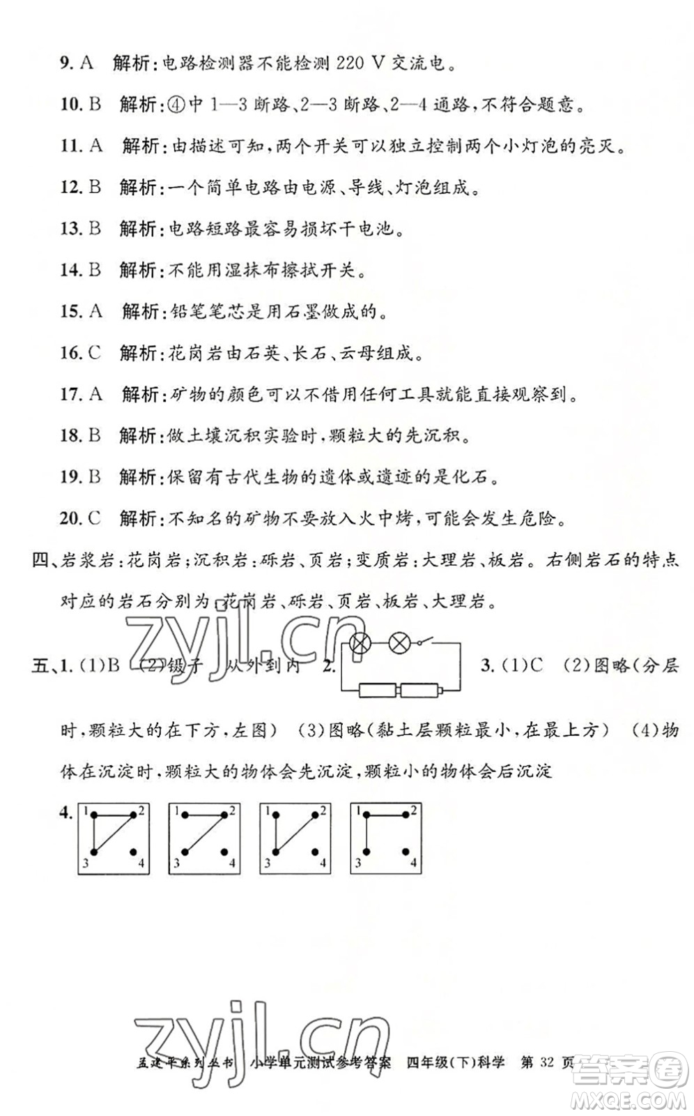 浙江工商大學(xué)出版社2022孟建平小學(xué)單元測試四年級科學(xué)下冊J教科版答案