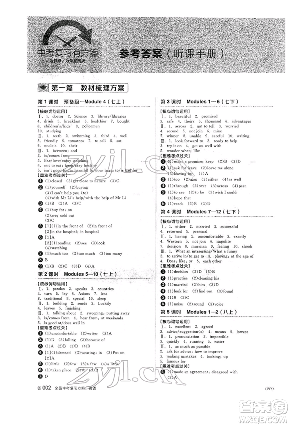 天津人民出版社2022全品中考復(fù)習(xí)方案聽課手冊(cè)英語外研版參考答案