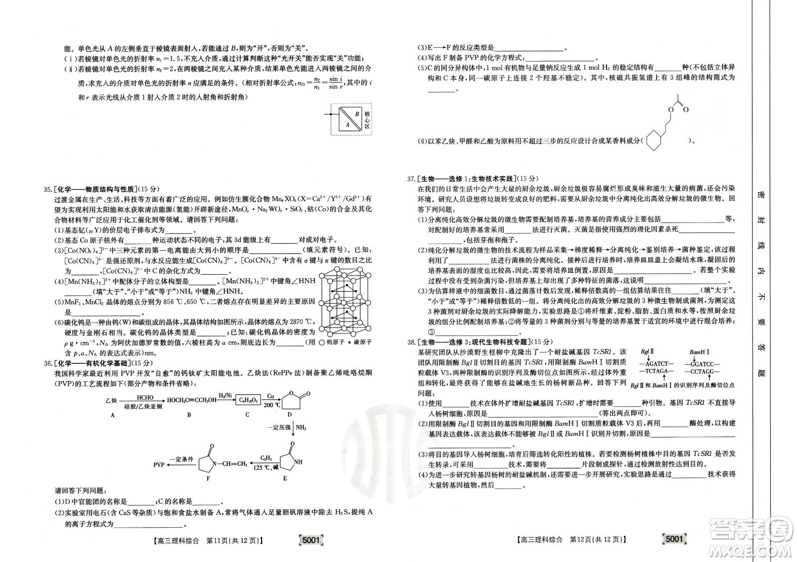 2022年金太陽高三聯(lián)考5001C理科綜合試題及答案