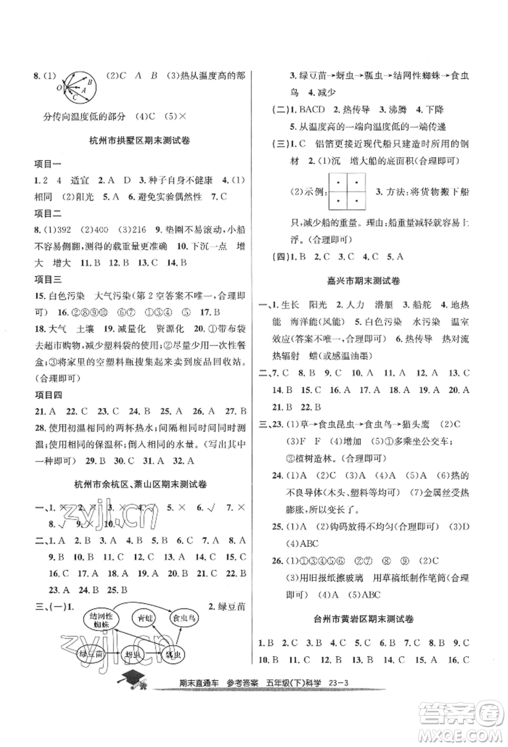 浙江工商大學(xué)出版社2022期末直通車五年級下冊科學(xué)教科版參考答案