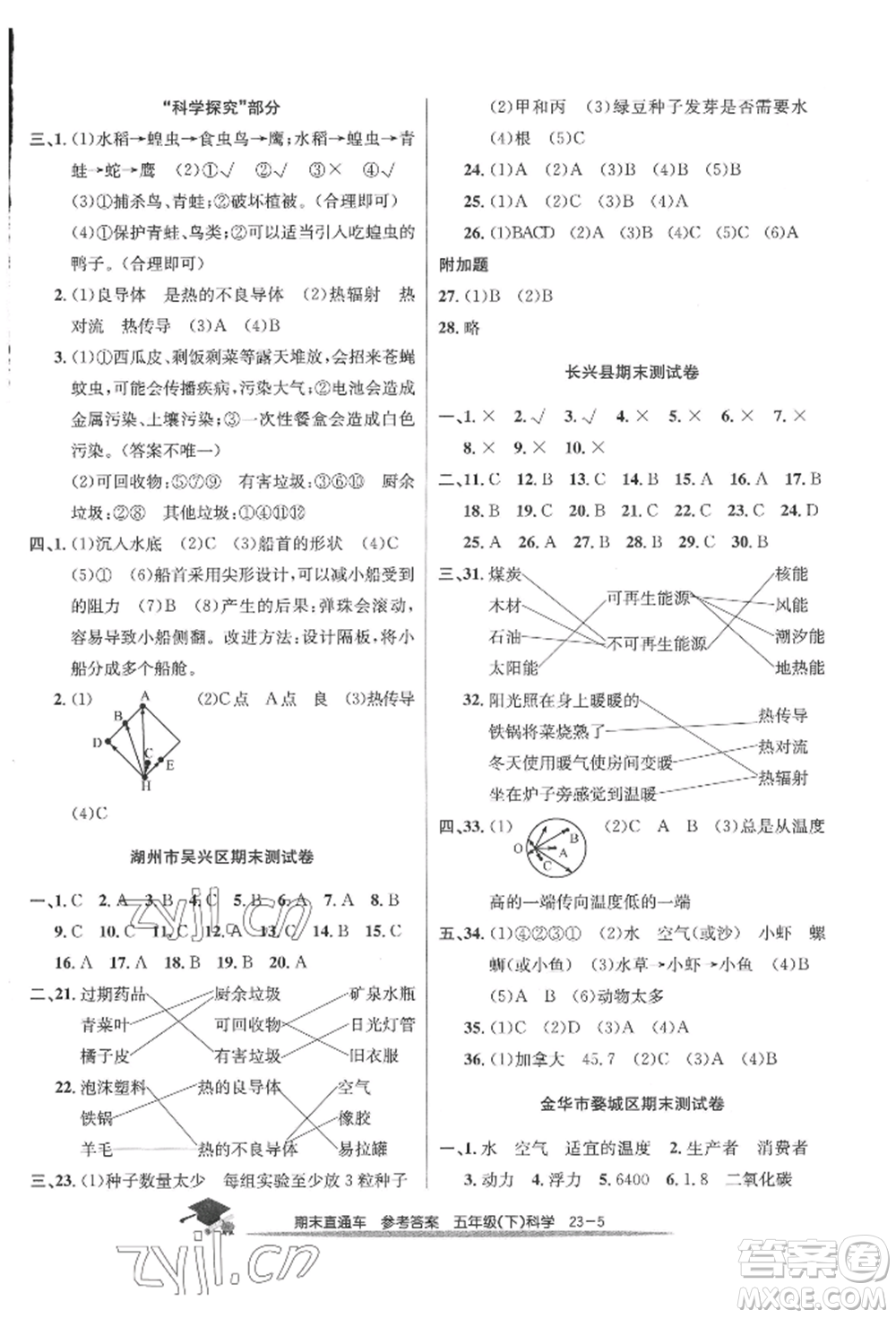 浙江工商大學(xué)出版社2022期末直通車五年級下冊科學(xué)教科版參考答案