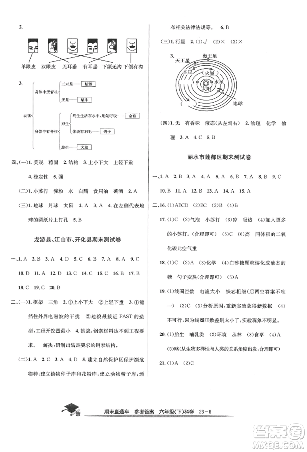 浙江工商大學(xué)出版社2022期末直通車六年級(jí)下冊(cè)科學(xué)教科版參考答案