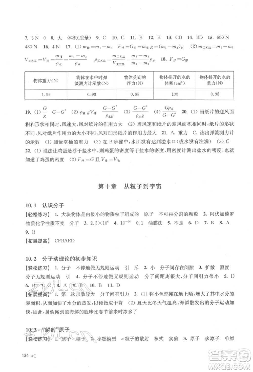 上?？茖W(xué)技術(shù)出版社2022初中物理同步練習(xí)八年級(jí)下冊(cè)通用版江西專版參考答案