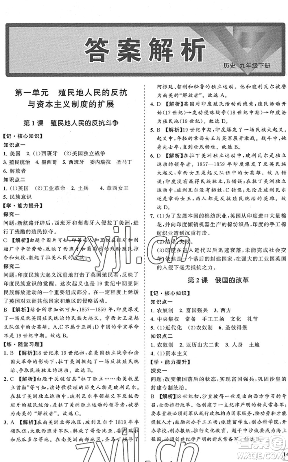 海南出版社2022知行課堂新課程同步練習(xí)冊(cè)九年級(jí)歷史下冊(cè)人教版答案