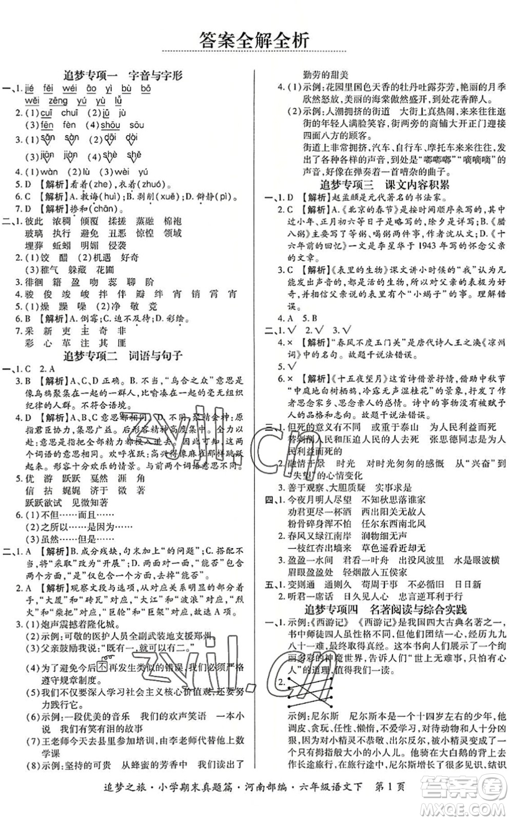 天津科學(xué)技術(shù)出版社2022追夢之旅小學(xué)期末真題篇六年級語文下冊RJ人教版河南專版答案