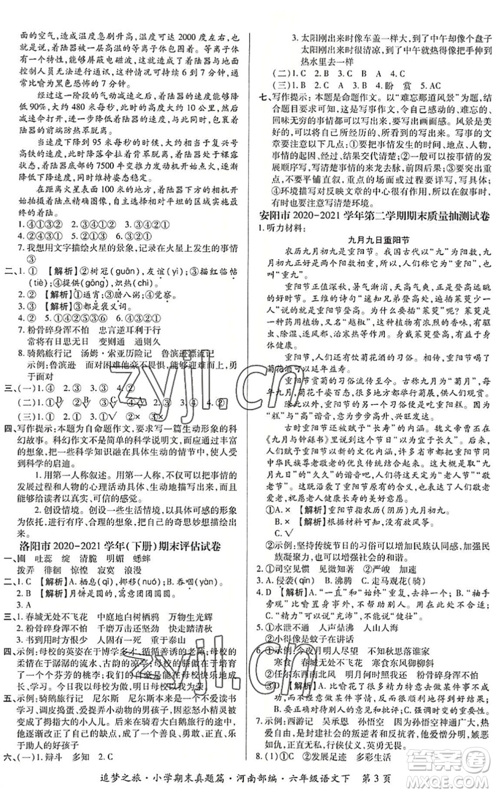 天津科學(xué)技術(shù)出版社2022追夢之旅小學(xué)期末真題篇六年級語文下冊RJ人教版河南專版答案