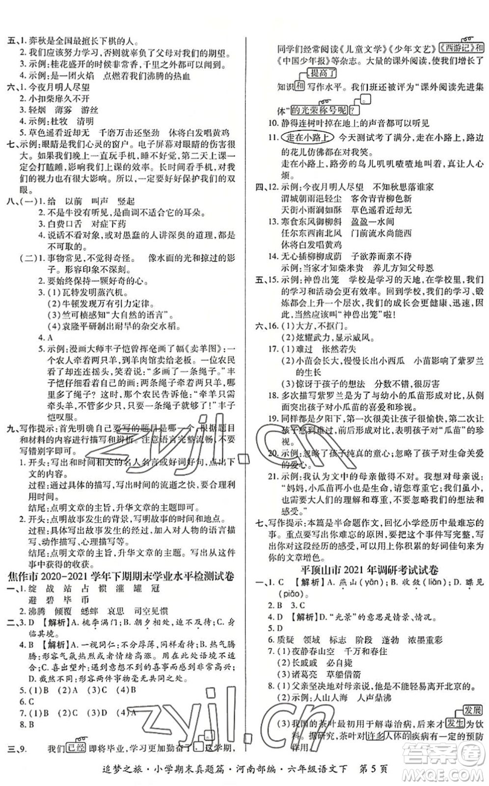 天津科學(xué)技術(shù)出版社2022追夢之旅小學(xué)期末真題篇六年級語文下冊RJ人教版河南專版答案