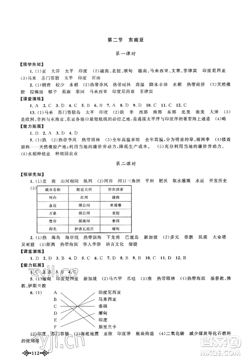 黃山書社2022自主學(xué)習(xí)當(dāng)堂反饋七年級下冊地理人教版參考答案