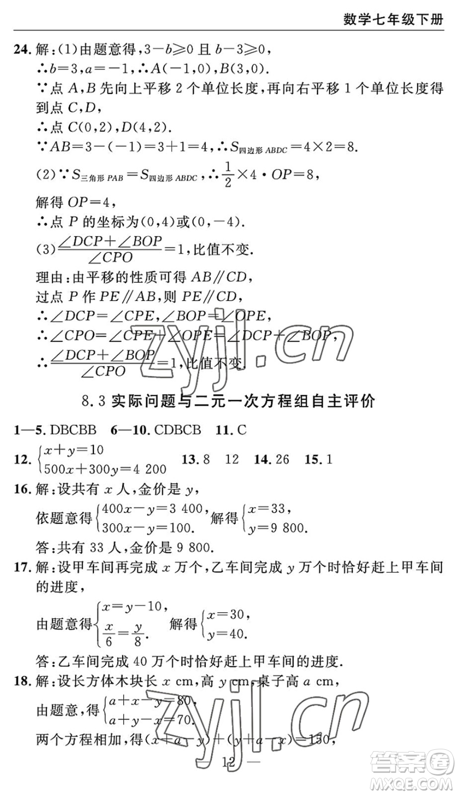 長江少年兒童出版社2022智慧課堂自主評價七年級數(shù)學(xué)下冊通用版宜昌專版答案