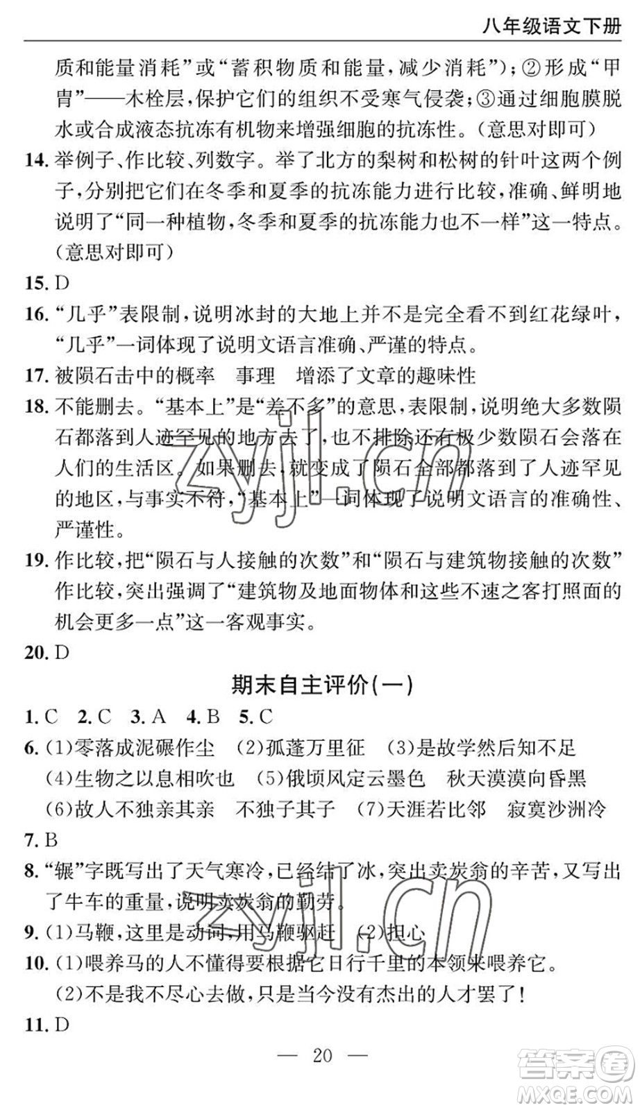 長江少年兒童出版社2022智慧課堂自主評價八年級語文下冊通用版十堰專版答案