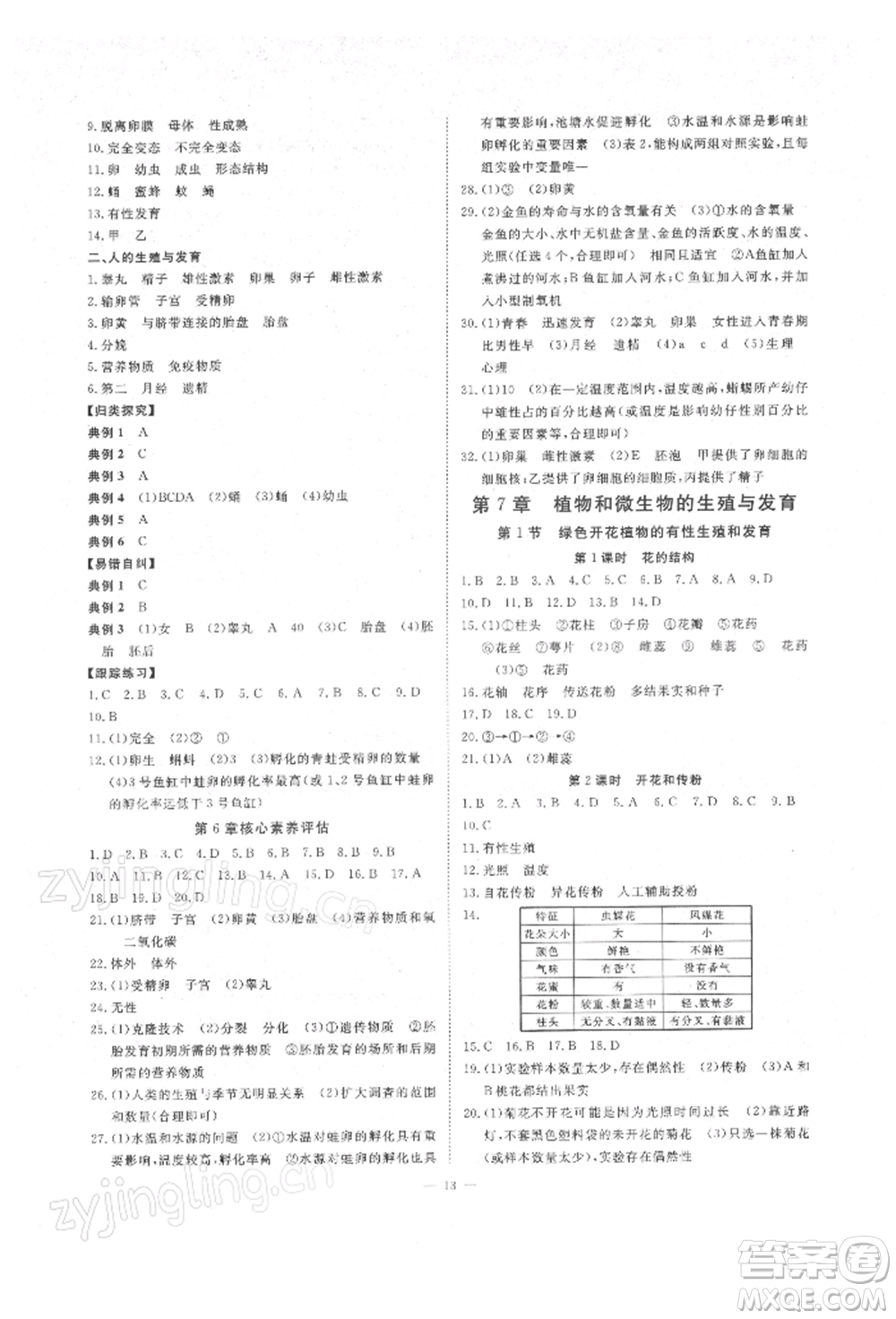 光明日報出版社2022全效學(xué)習(xí)校本教程七年級下冊科學(xué)華師大版精華版參考答案