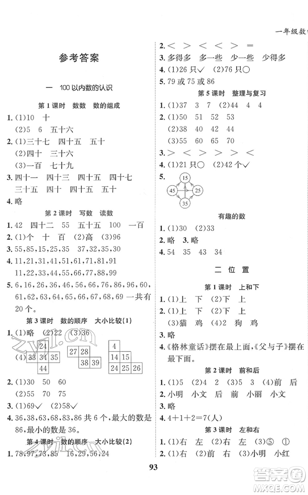 吉林教育出版社2022全優(yōu)學(xué)習(xí)達(dá)標(biāo)訓(xùn)練一年級(jí)數(shù)學(xué)下冊(cè)XS西師版答案