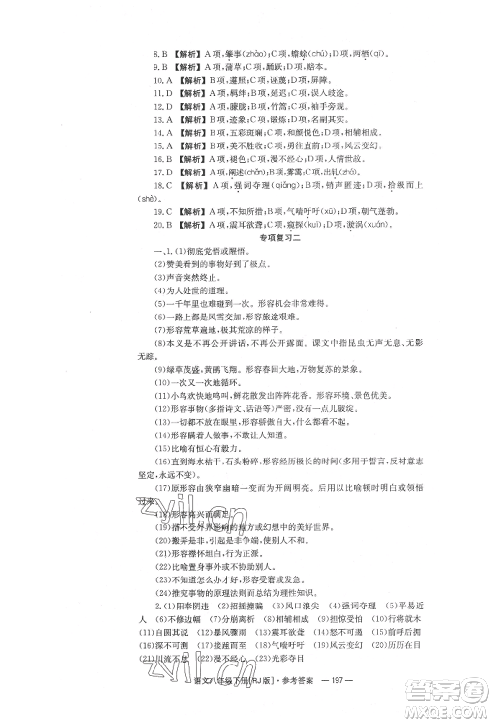 湖南教育出版社2022全效學(xué)習(xí)同步學(xué)練測八年級下冊語文人教版參考答案