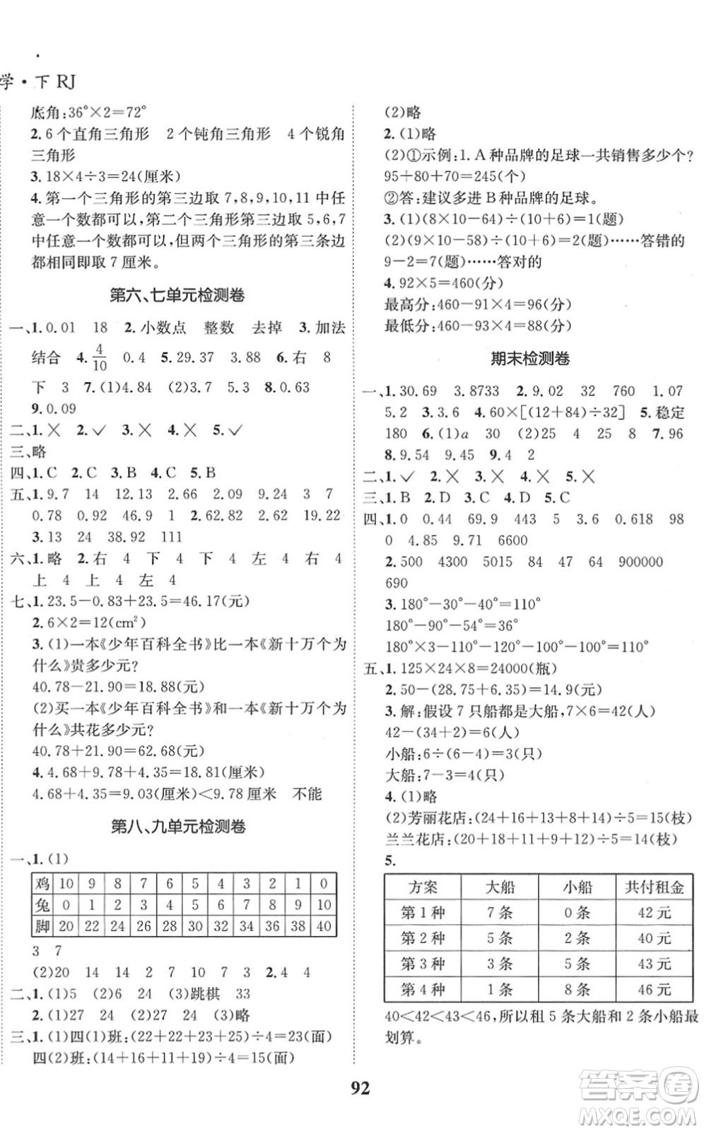 吉林教育出版社2022全優(yōu)學(xué)習(xí)達(dá)標(biāo)訓(xùn)練四年級數(shù)學(xué)下冊RJ人教版答案