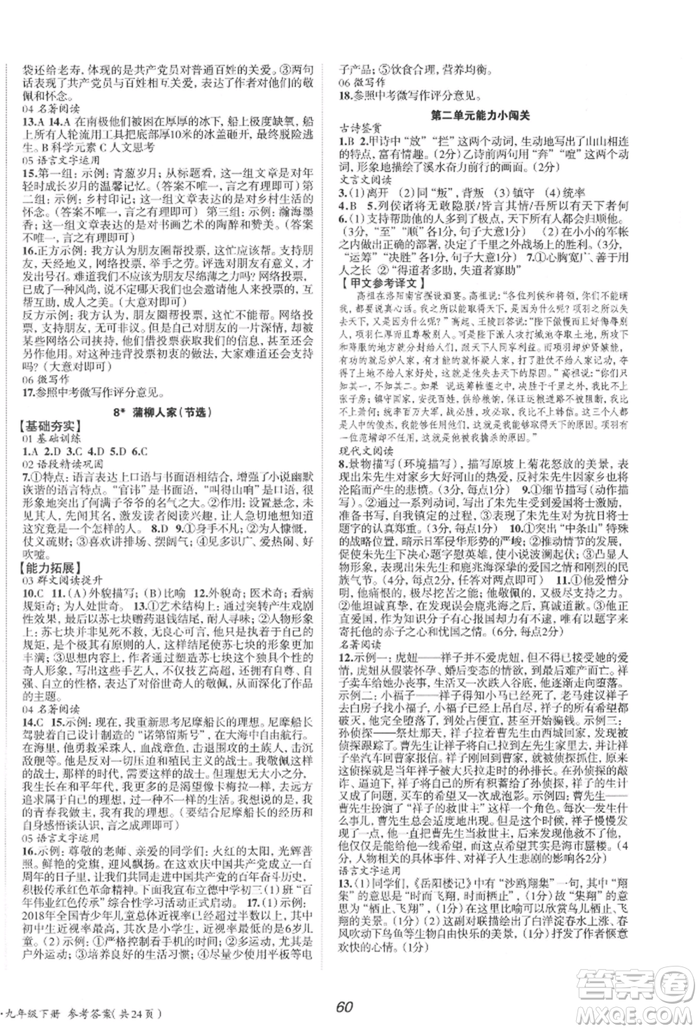 北京時(shí)代華文書局2022全效學(xué)習(xí)學(xué)業(yè)評價(jià)方案九年級下冊語文人教版參考答案