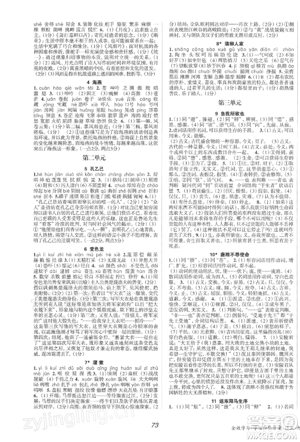 北京時(shí)代華文書局2022全效學(xué)習(xí)學(xué)業(yè)評價(jià)方案九年級下冊語文人教版參考答案