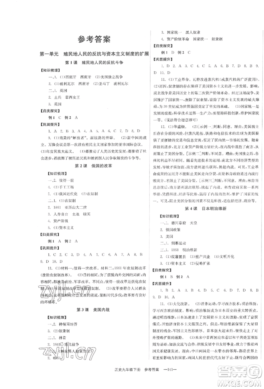 北京時(shí)代華文書局2022全效學(xué)習(xí)學(xué)業(yè)評價(jià)方案九年級下冊世界歷史人教版參考答案