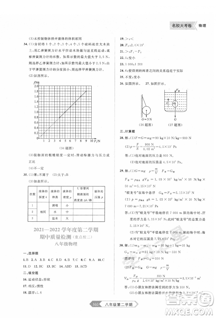 延邊大學出版社2022名校大考卷物理八年級下冊人教版大連專版答案