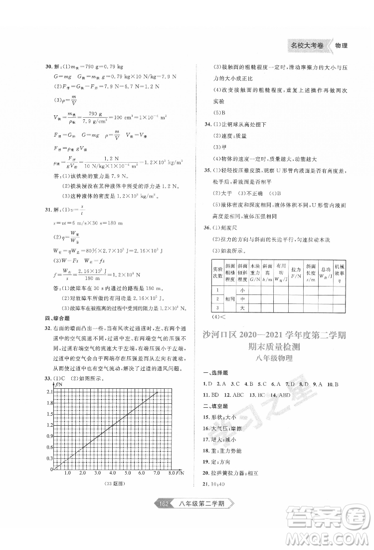 延邊大學出版社2022名校大考卷物理八年級下冊人教版大連專版答案