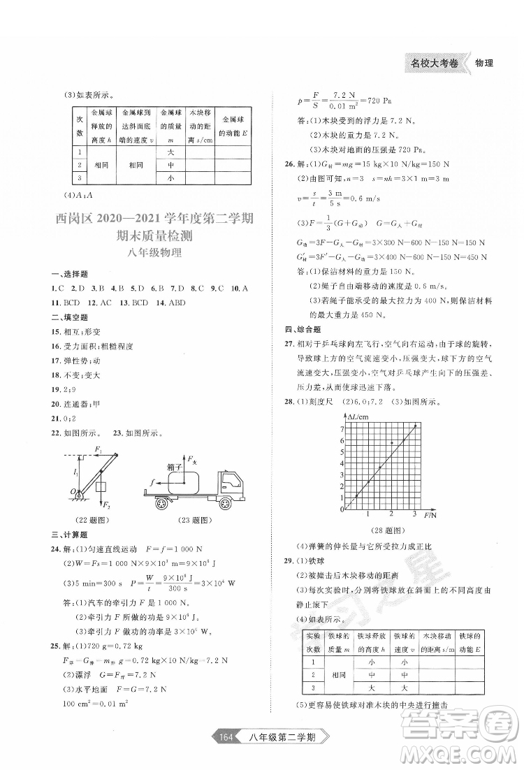 延邊大學出版社2022名校大考卷物理八年級下冊人教版大連專版答案