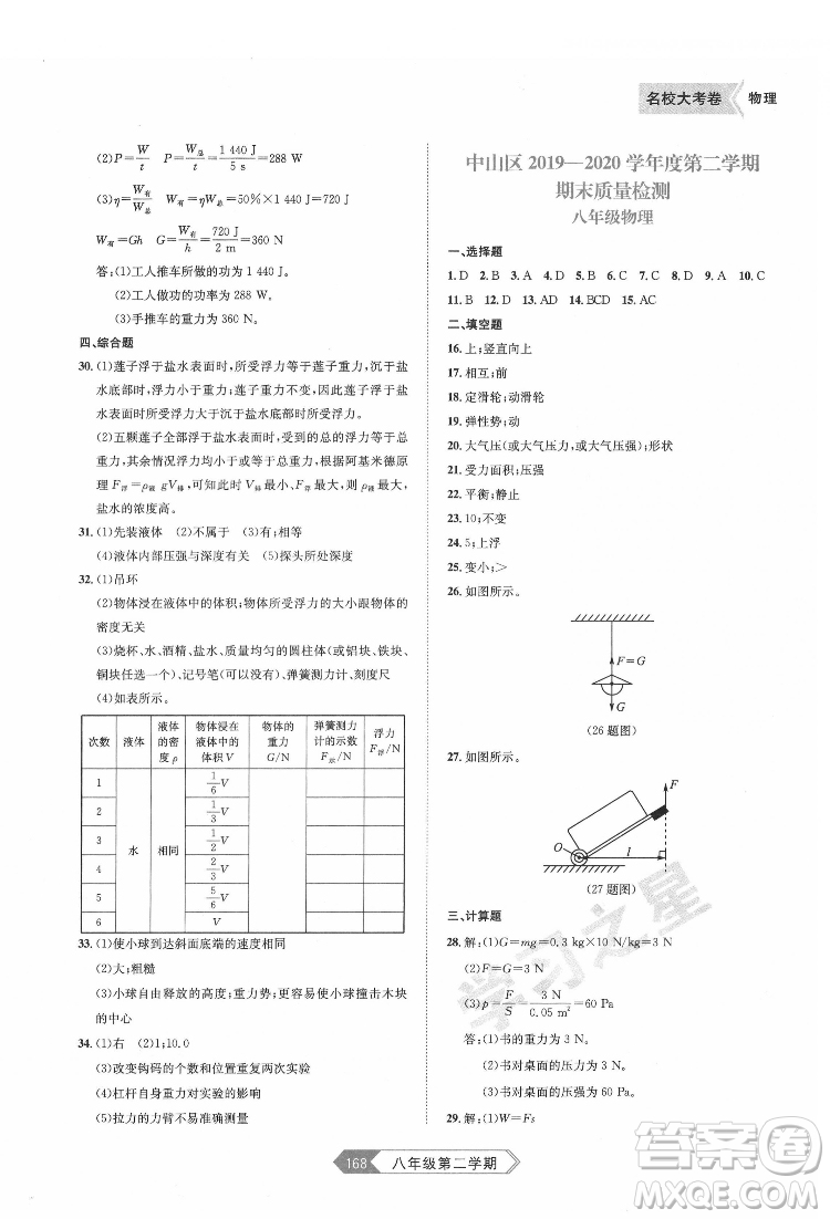 延邊大學出版社2022名校大考卷物理八年級下冊人教版大連專版答案