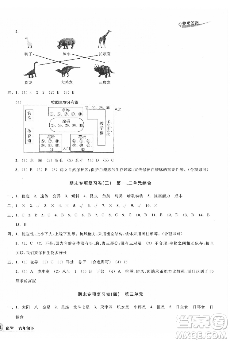 浙江教育出版社2022各地期末名卷精選科學(xué)六年級下冊教科版答案