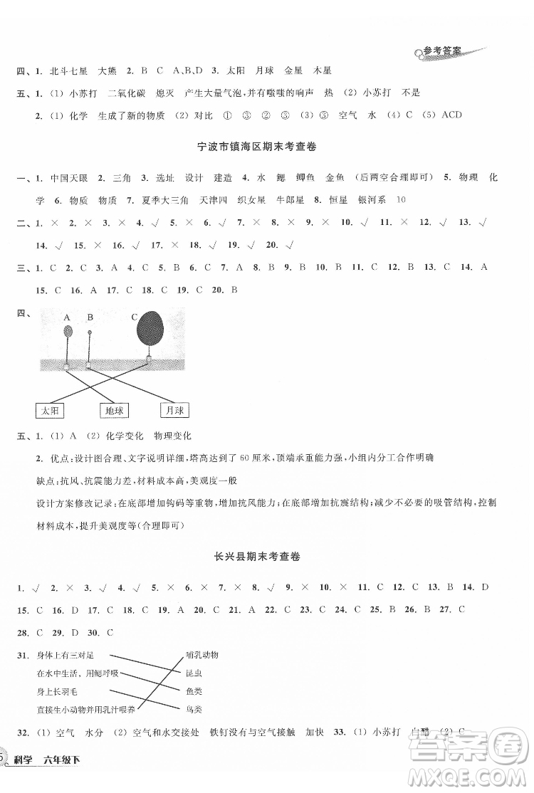 浙江教育出版社2022各地期末名卷精選科學(xué)六年級下冊教科版答案