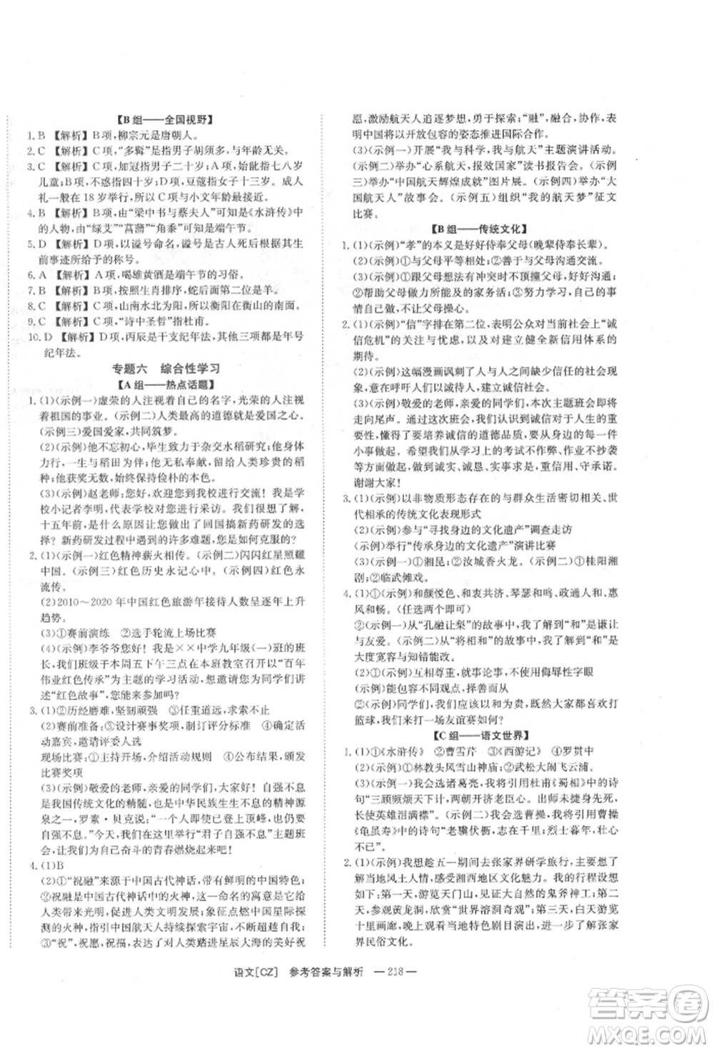 湖南師范大學(xué)出版社2022全效學(xué)習(xí)中考學(xué)練測(cè)聽(tīng)課講義語(yǔ)文人教版郴州專版參考答案