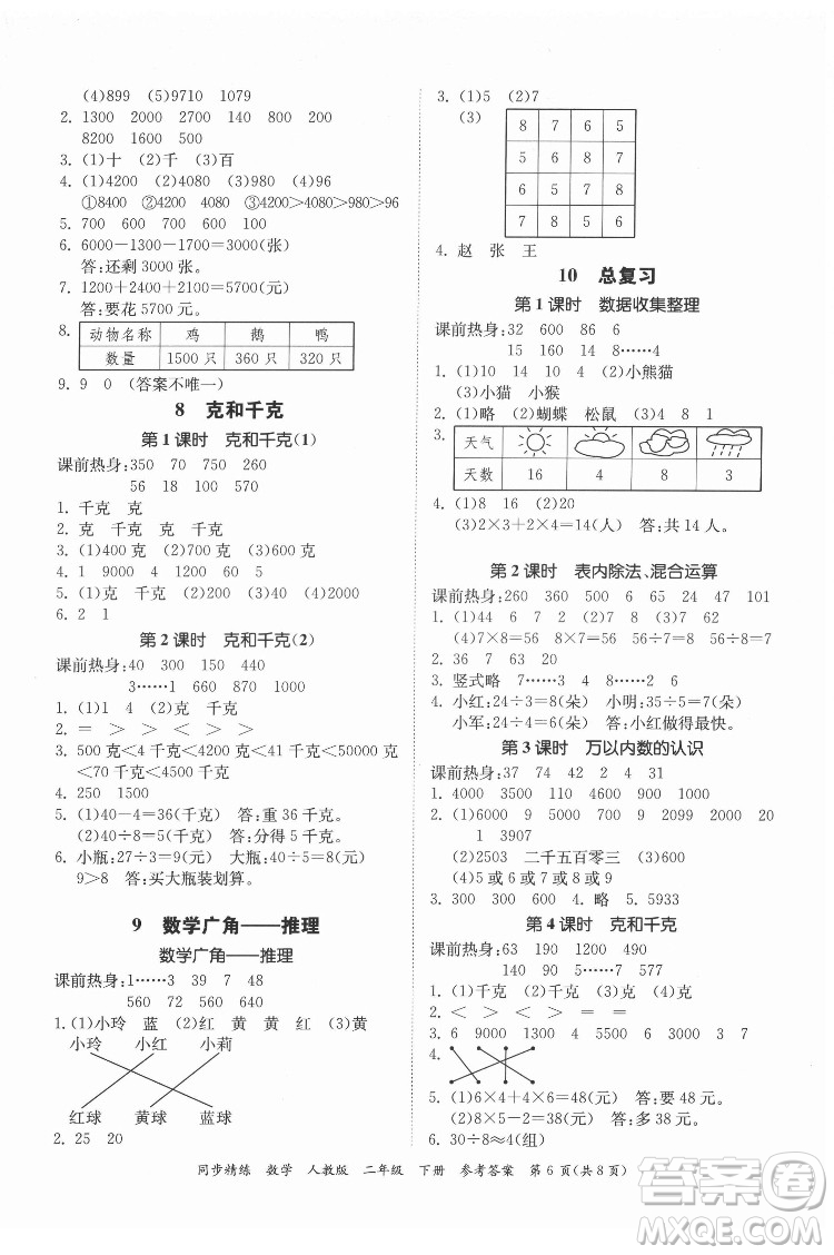 廣東人民出版社2022同步精練數(shù)學(xué)二年級下冊人教版答案