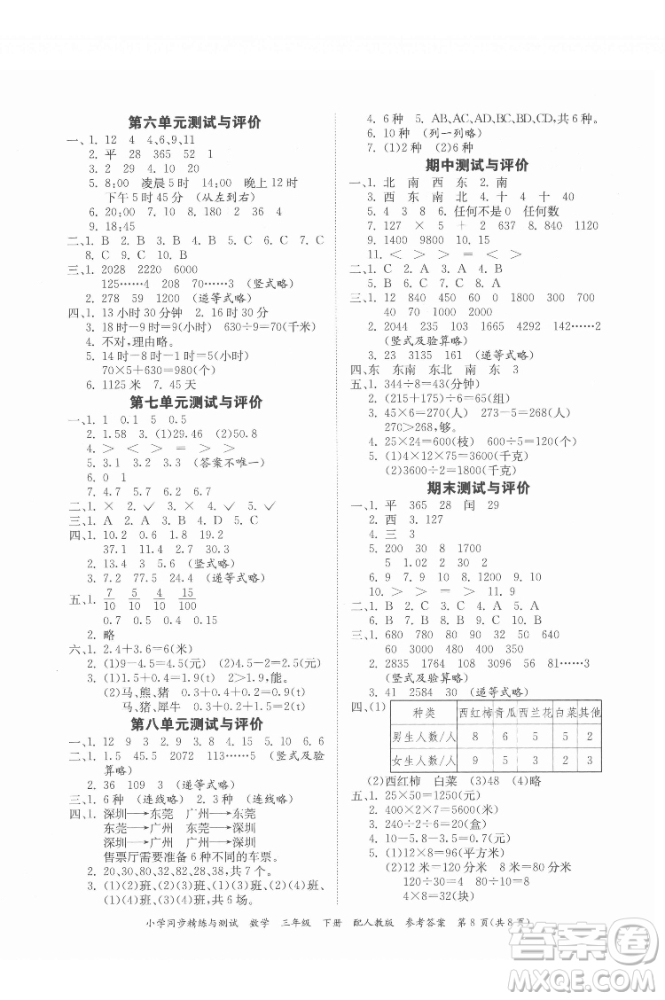 廣東教育出版社2022小學(xué)同步精練與測(cè)試數(shù)學(xué)三年級(jí)下冊(cè)人教版答案