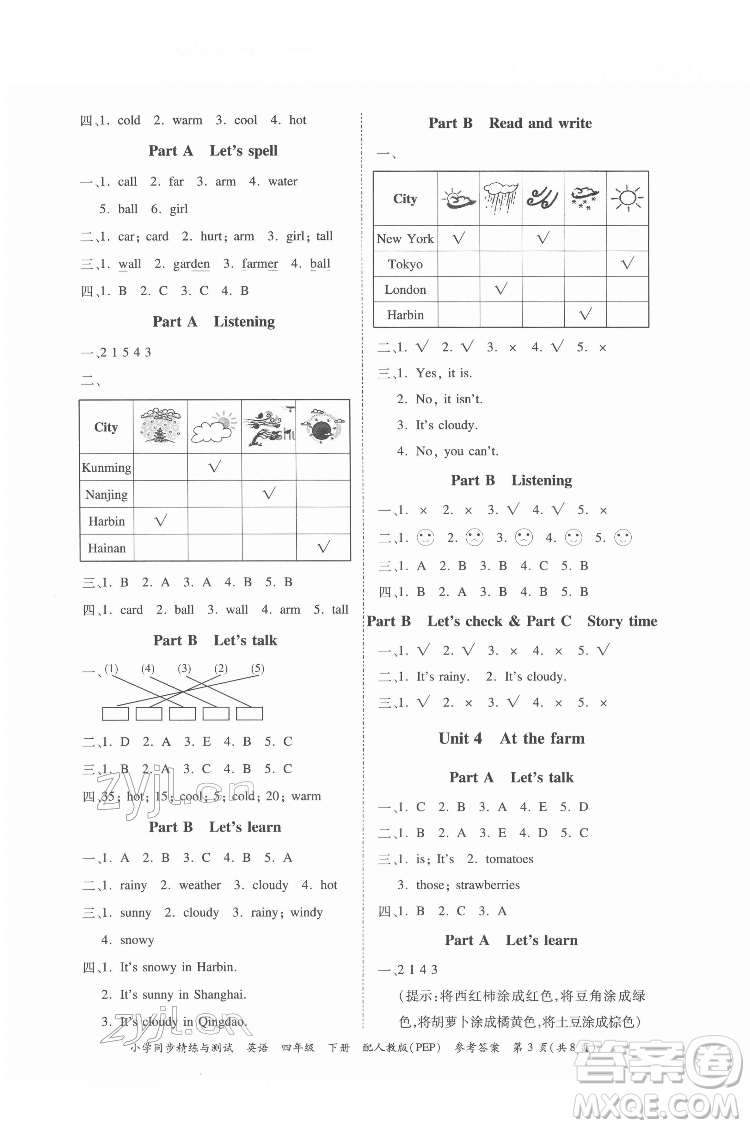 廣東教育出版社2022小學(xué)同步精練與測(cè)試英語(yǔ)四年級(jí)下冊(cè)人教版答案