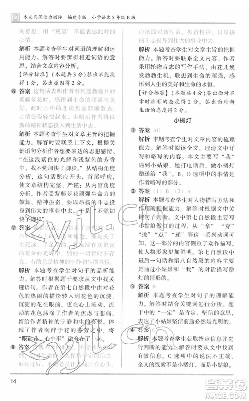 鷺江出版社2022木頭馬閱讀力測評五年級語文下冊B版福建專版答案