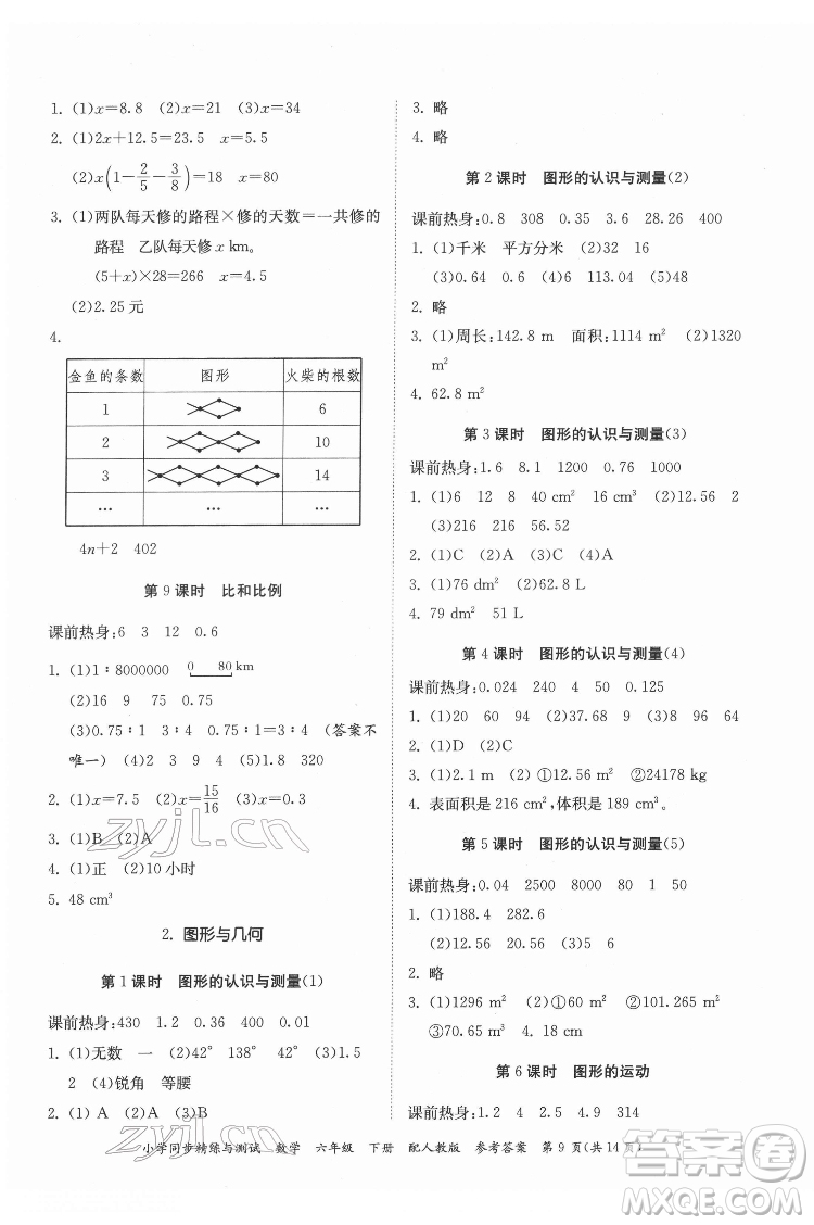 廣東教育出版社2022小學(xué)同步精練與測(cè)試數(shù)學(xué)六年級(jí)下冊(cè)人教版答案