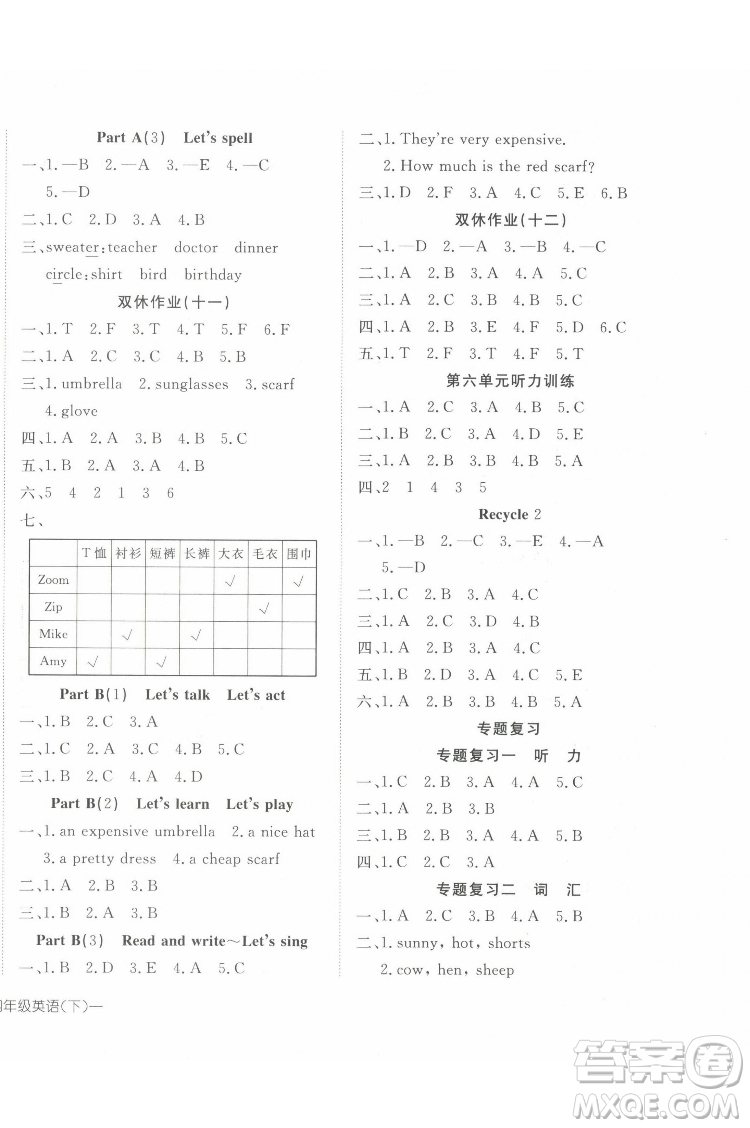 武漢出版社2022探究樂園英語四年級(jí)下冊(cè)PEP人教版答案