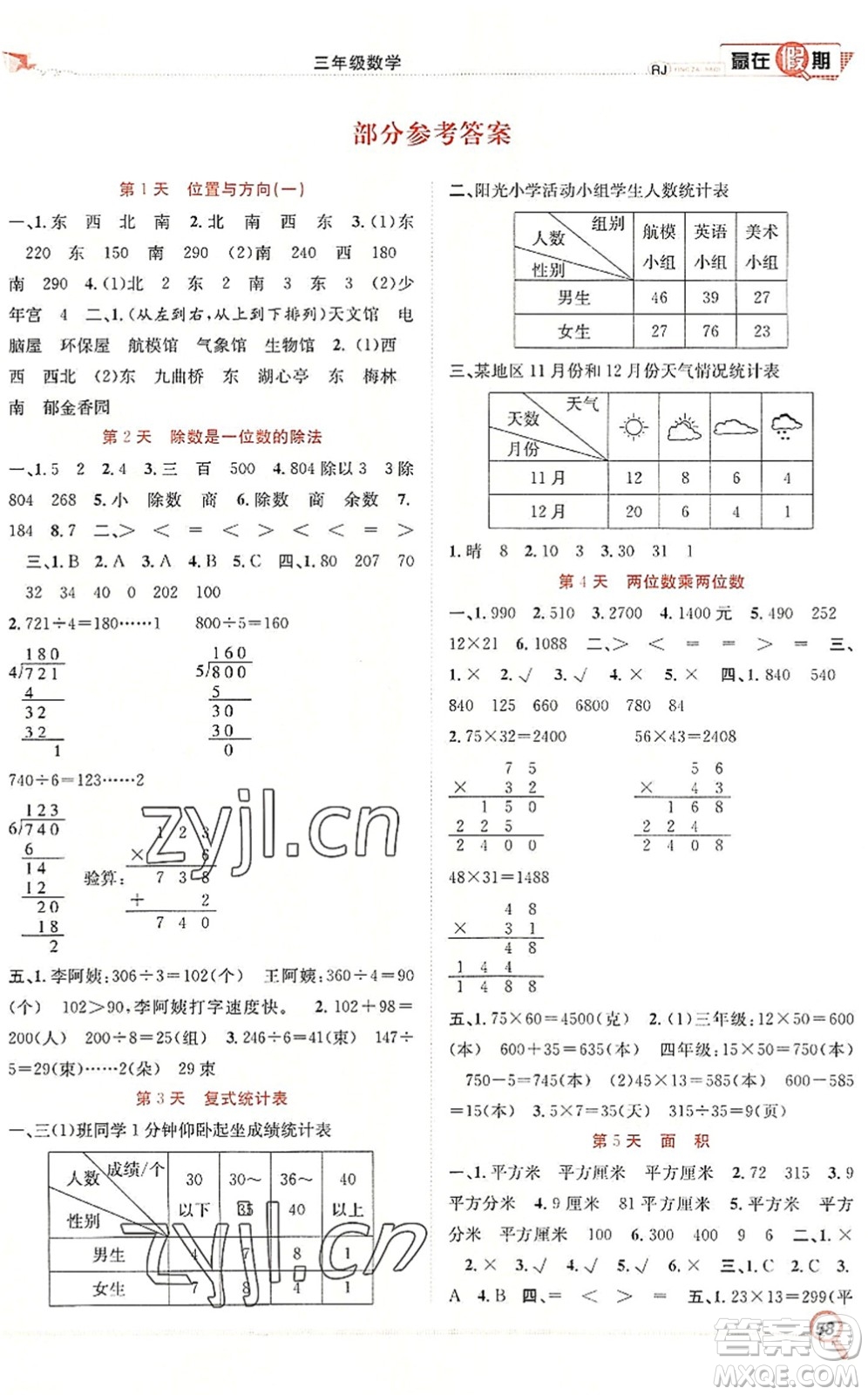 合肥工業(yè)大學(xué)出版社2022贏在假期期末+暑假三年級數(shù)學(xué)RJ人教版答案