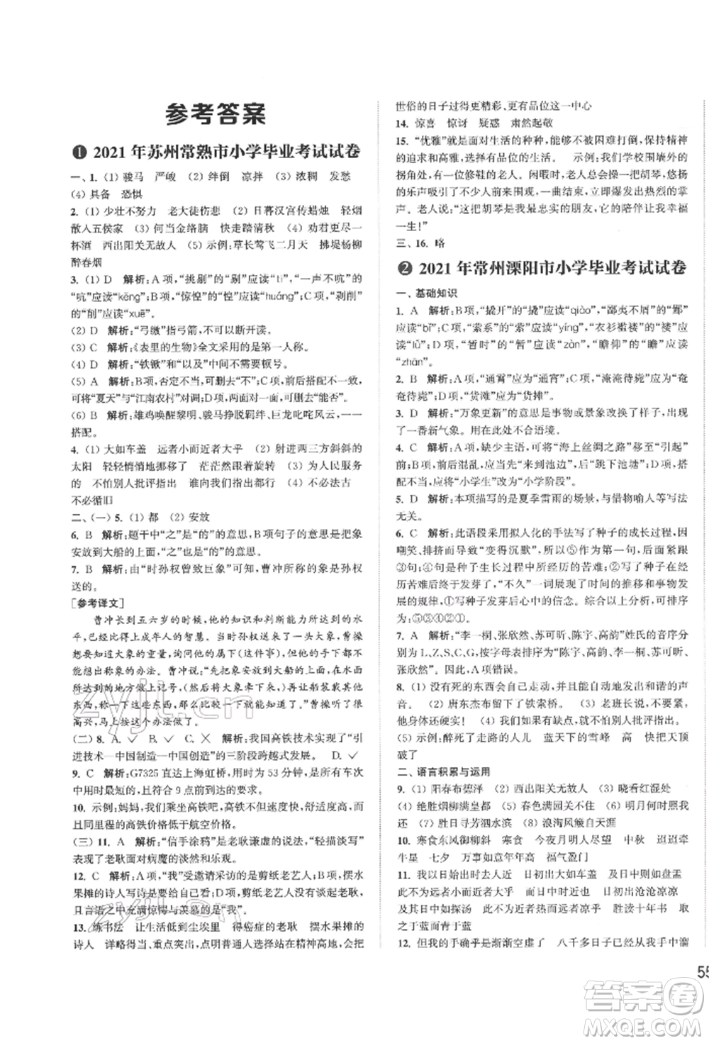 福建少年兒童出版社2022小學(xué)畢業(yè)考試試卷精編語(yǔ)文通用版江蘇專(zhuān)版參考答案