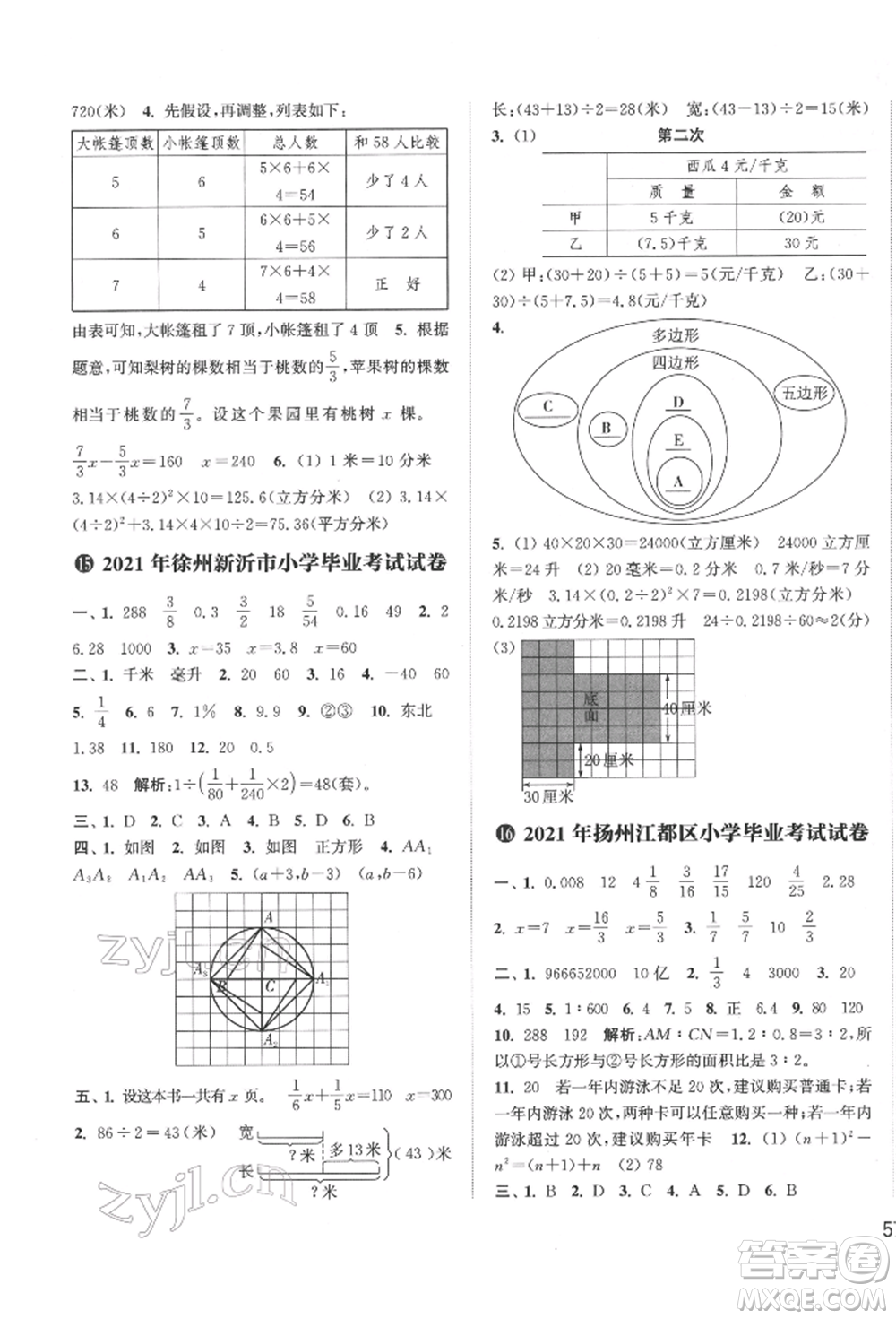 福建少年兒童出版社2022小學(xué)畢業(yè)考試試卷精編數(shù)學(xué)通用版江蘇專版參考答案