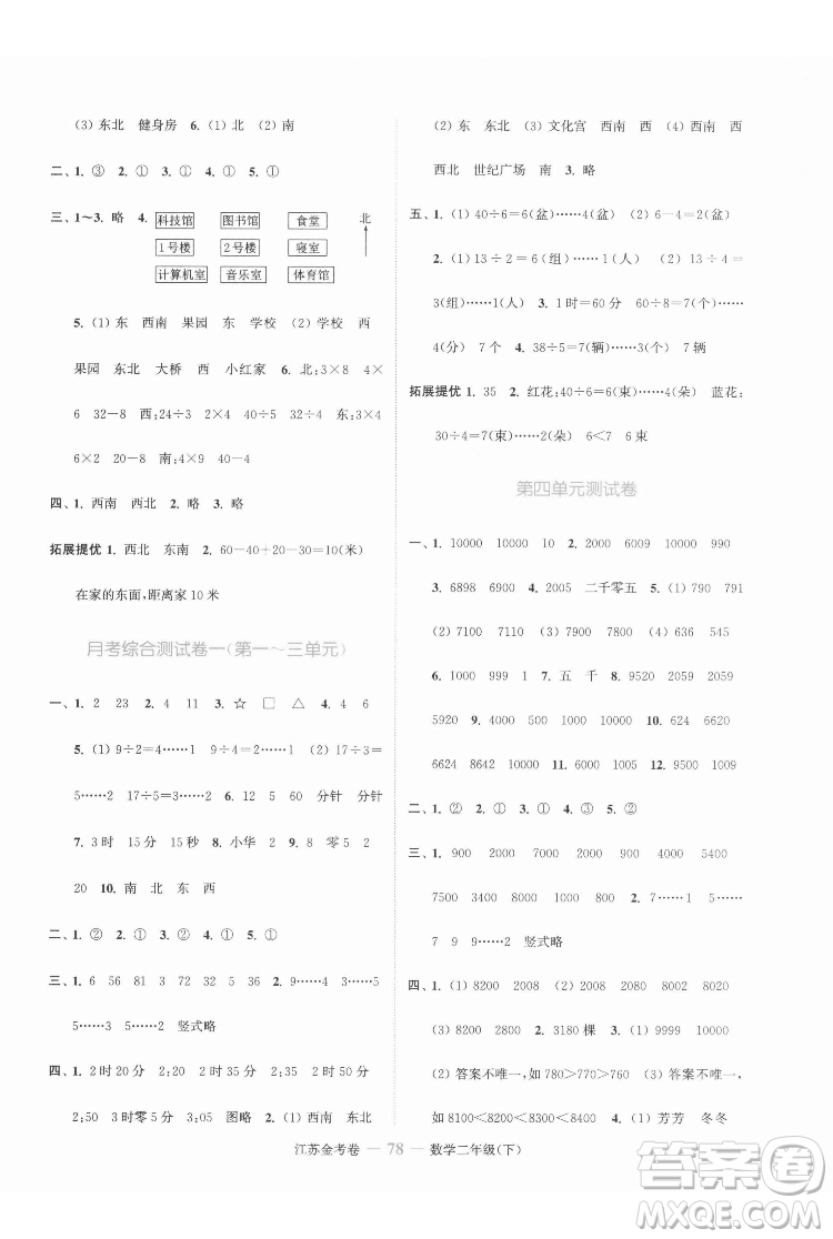 北方婦女兒童出版社2022江蘇金考卷數(shù)學(xué)二年級(jí)下冊(cè)蘇教版答案